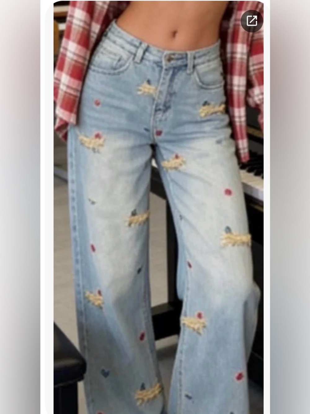 Korean Light Blue Embroidered Wide-Leg Jeans